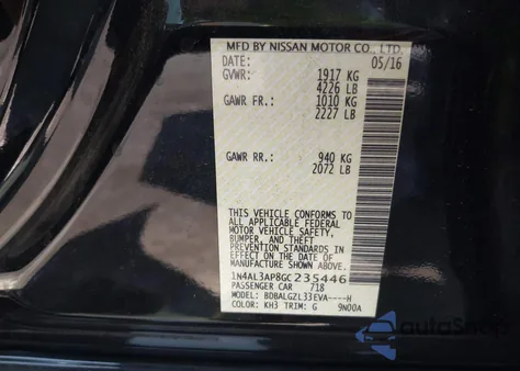 2016 Nissan Altima 2.5 S z USA, uszkodzony, nr VIN 1N4AL3AP8GC235446